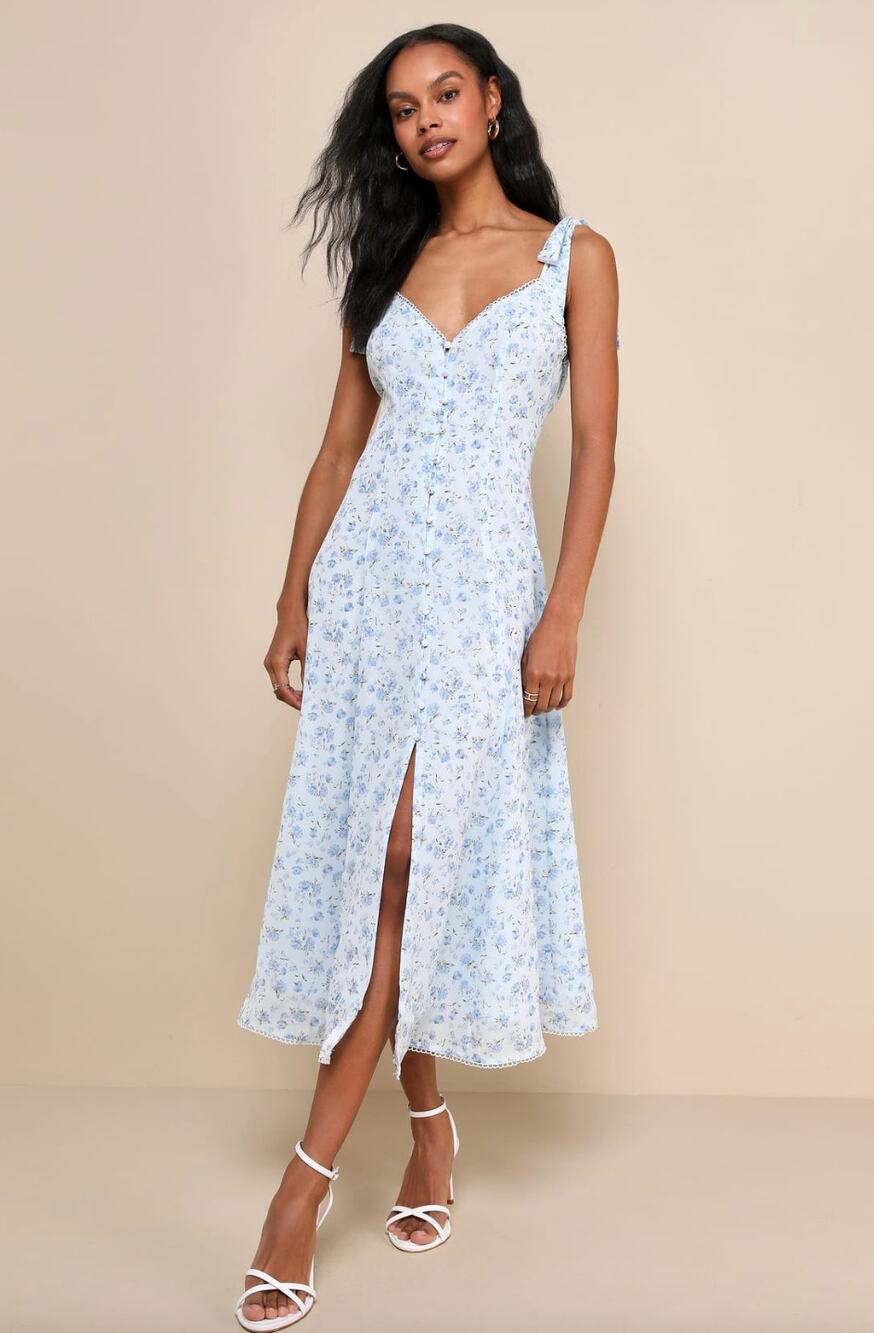 Lulus Charismatic Persona Light Blue Floral Tie Strap Midi Dress Large NWT